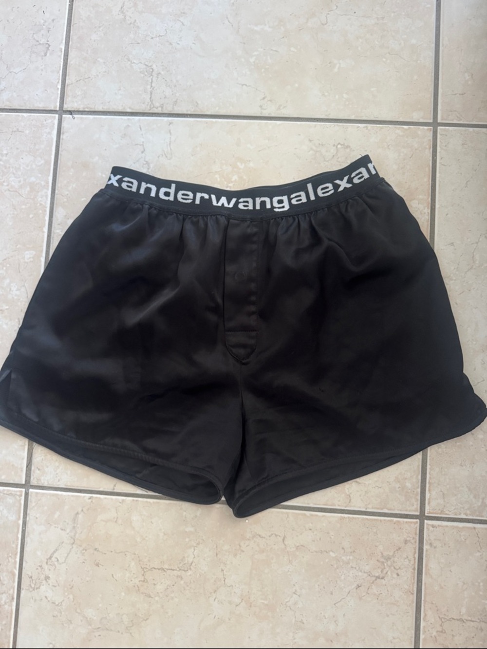 Alexander Wang Black Satin Boxer Shorts with Silver Logo Waistband